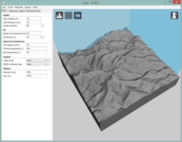 Trojrozměrný model Jeseníků v okolí Pradědu vygenerovaný službou Terrain2STL