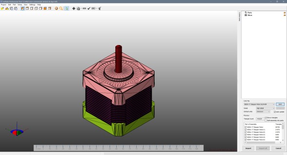 Netfabb umožňuje načíst model přímo z nativního formátu 3D CAD systému, zde ze SolidWorksu (model: NEMA 17 Stepper Motor, autor: Hendricks)