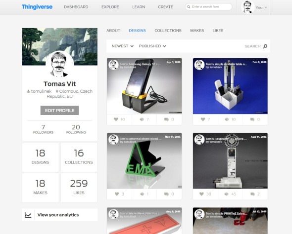 Na portálu Thingiverse můžete snadno sdílet a spravovat své modely pro 3D tisk a umožnit tak jejich využití i dalším uživatelům z celého světa pod otevřenou licencí
