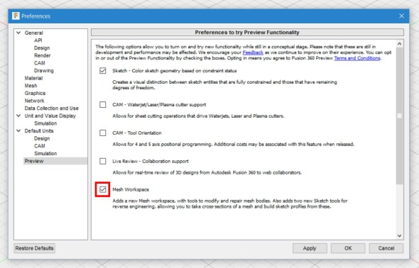 Po instalaci červencové aktualizace, která všem registrovaným uživatelům dorazí automaticky a nainstaluje se po dalším spuštění aplikace, je třeba nejprve povolit nové rozhraní Mesh Workspace v nastaveních. Je stále ve fázi veřejného testování