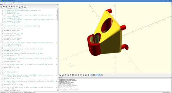 Hlavním pracovním prostorem v OpenSCADu není virtuální zobrazení výsledného 3D modelu, ale editor skriptu s parametry v levé části